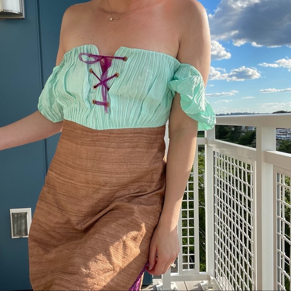 Vintage Corset Dress Puff Sleeve Color-block Midi - Picture 7 of 7